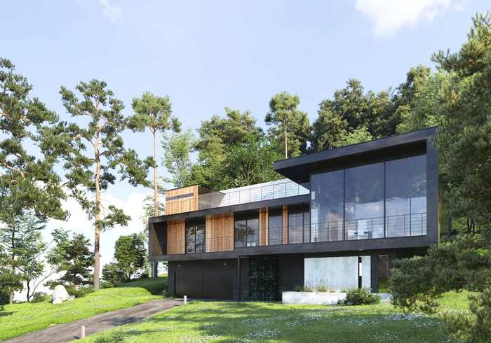 Ett svart hus med träd och grönska omkring.